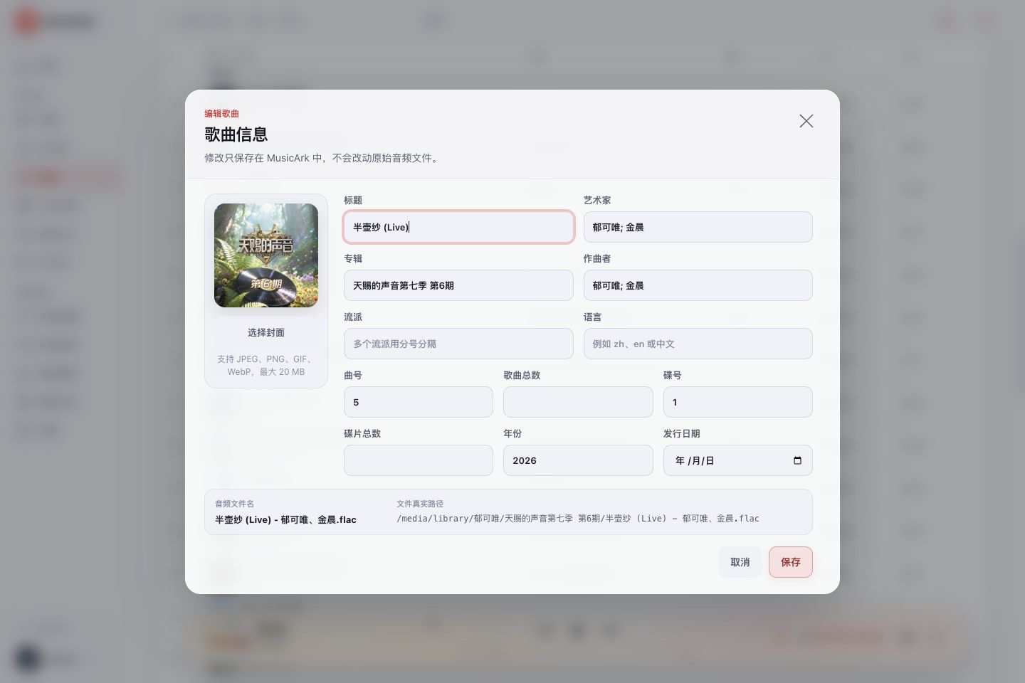 MusicArk 歌曲编辑界面，展示封面、完整元数据、多艺人字段与原始音频文件路径